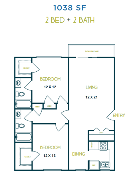 A floor plan of a 1038 square foot apartment with two bedrooms and two bathrooms.